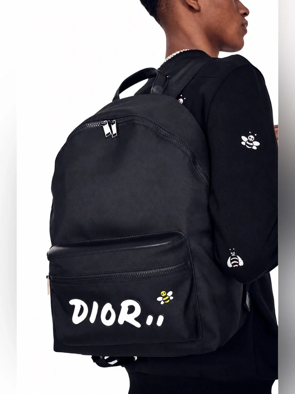 Dior x KAWS Rider Nylon Backpack with Pink Bee Limited Edition 2019 Black Whitw